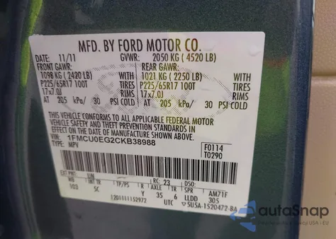 2012 Ford Escape Limited z USA, uszkodzony, nr VIN 1FMCU0EG2CKB38988